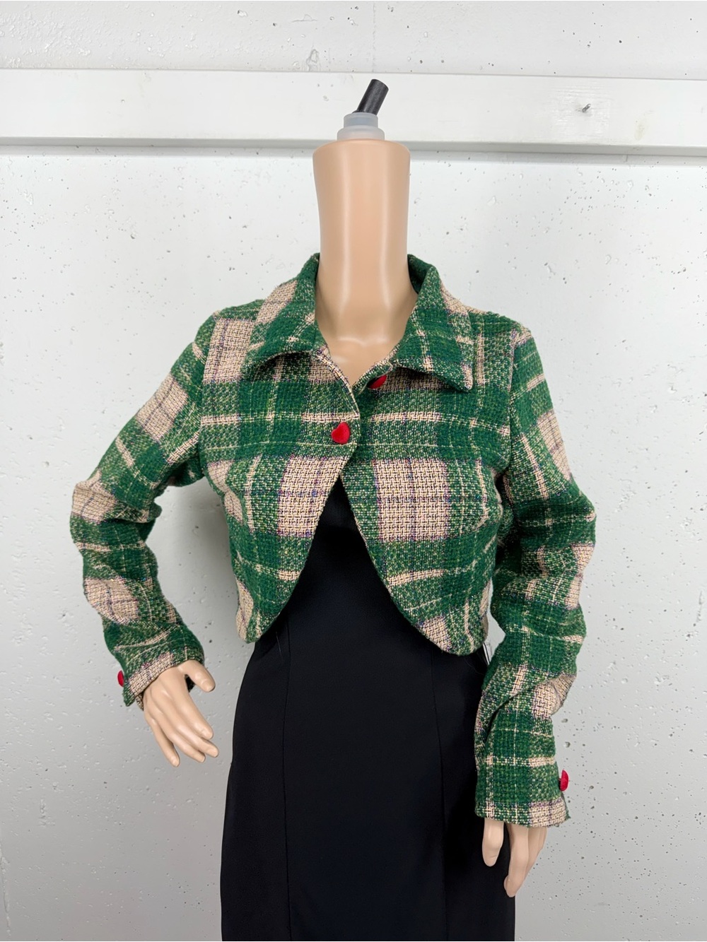 Retro Stage Size Medium Green & Pink Tweed Crop Blazer